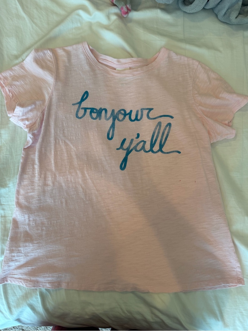 cinq a sept Pink Tee with Teal 'bonjour y'all' Script
